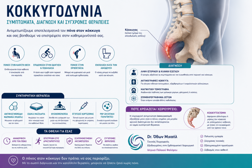 Ιατρικό infographic για την κοκκυγοδυνία με τα συμπτώματα, τη διάγνωση και τις σύγχρονες θεραπευτικές επιλογές για τον πόνο στον κόκκυγα