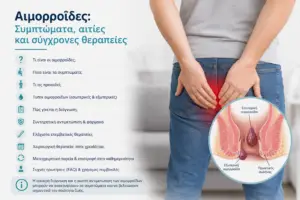 Ενημερωτικό γράφημα για τις αιμορροΐδες με πληροφορίες σχετικά με τα συμπτώματα, τα αίτια, τη διάγνωση και τις σύγχρονες θεραπευτικές επιλογές από τον Γενικό Χειρουργό Dr. Όθων Μιχαήλ.