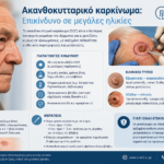 Ιατρικό infographic για το ακανθοκυτταρικό καρκίνωμα σε ηλικιωμένους ασθενείς, με αναφορά στους παράγοντες κινδύνου, τη διάγνωση και τη χειρουργική αντιμετώπιση.