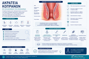 Ιατρικό infographic για την ακράτεια κοπράνων με αναφορά στους μηχανισμούς εγκράτειας και τις θεραπευτικές επιλογές