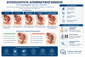 Ιατρικό infographic που παρουσιάζει τα αίτια της δυσκοιλιότητας αποφρακτικής κένωσης όπως ορθοκήλη, πρόπτωση ορθού, εντεροκήλη και δυσσυνέργεια πυελικού εδάφους.