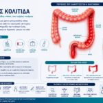Ιατρικό infographic για την ελκώδη κολίτιδα με συμπτώματα, διάγνωση, θεραπεία και παρακολούθηση.