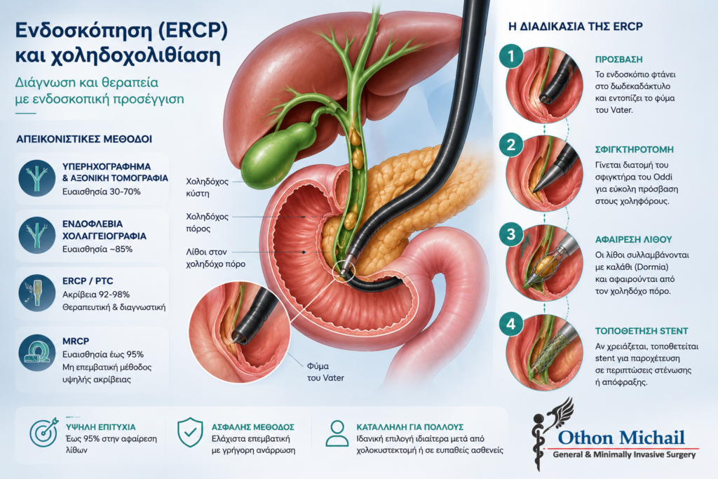 Ιατρική εικονογράφηση της ERCP που δείχνει την ενδοσκοπική αφαίρεση λίθων από τον χοληδόχο πόρο.