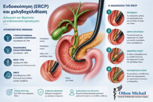 Ιατρική εικονογράφηση της ERCP που δείχνει την ενδοσκοπική αφαίρεση λίθων από τον χοληδόχο πόρο.