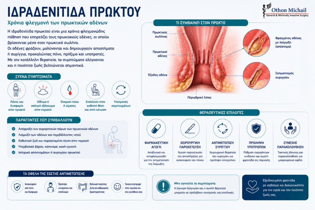 Ιατρικό infographic για την ιδραδενίτιδα πρωκτού με στάδια, συμπτώματα και θεραπεία.
