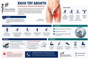 Κήλη του αθλητή infographic με συμπτώματα, διάγνωση, θεραπεία και πρόληψη της αθλητικής βουβωνικής κάκωσης.