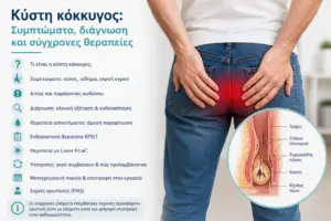 Ενημερωτικό γράφημα για την κύστη κόκκυγος με πληροφορίες σχετικά με τα συμπτώματα, τη διάγνωση και τις σύγχρονες θεραπευτικές επιλογές από τον Γενικό Χειρουργό Dr. Όθων Μιχαήλ.