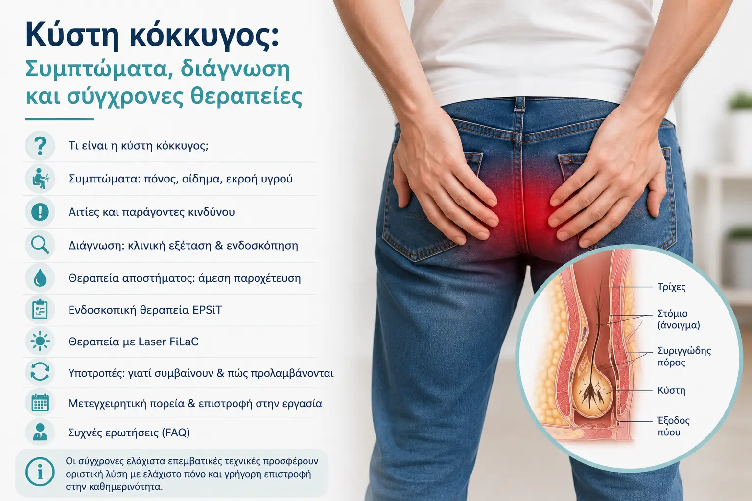 Ενημερωτικό γράφημα για την κύστη κόκκυγος με πληροφορίες σχετικά με τα συμπτώματα, τη διάγνωση και τις σύγχρονες θεραπευτικές επιλογές από τον Γενικό Χειρουργό Dr. Όθων Μιχαήλ.