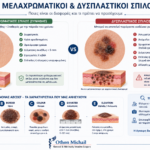 Διαφορά μεταξύ μελαχρωματικών και δυσπλαστικών σπίλων Ιατρική εικονογράφηση που συγκρίνει έναν κοινό μελαχρωματικό σπίλο με έναν δυσπλαστικό σπίλο και παρουσιάζει τα κριτήρια ABCDEF.