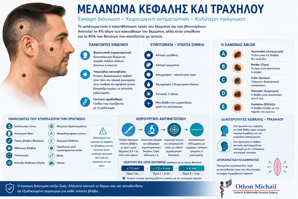 Infographic για το μελάνωμα κεφαλής και τραχήλου με συμπτώματα, παράγοντες κινδύνου και χειρουργική αντιμετώπιση.