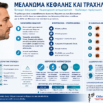 Infographic για το μελάνωμα κεφαλής και τραχήλου με συμπτώματα, παράγοντες κινδύνου και χειρουργική αντιμετώπιση.