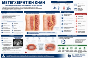 Ιατρικό infographic για τη μετεγχειρητική κήλη με ανατομική απεικόνιση του κοιλιακού τοιχώματος, συμπτώματα, διάγνωση και σύγχρονες μεθόδους αποκατάστασης από τον Dr. Όθωνα Μιχαήλ.