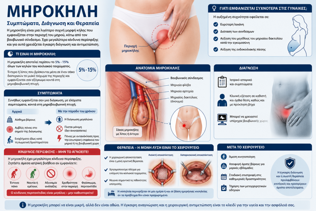 Ιατρικό infographic για τη μηροκήλη με ανατομική απεικόνιση, συμπτώματα, διάγνωση και χειρουργική αντιμετώπιση από τον Dr. Όθωνα Μιχαήλ.