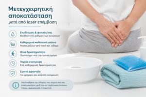 Infographic με οδηγίες για τη μετεγχειρητική αποκατάσταση μετά από laser πρωκτολογική επέμβαση.