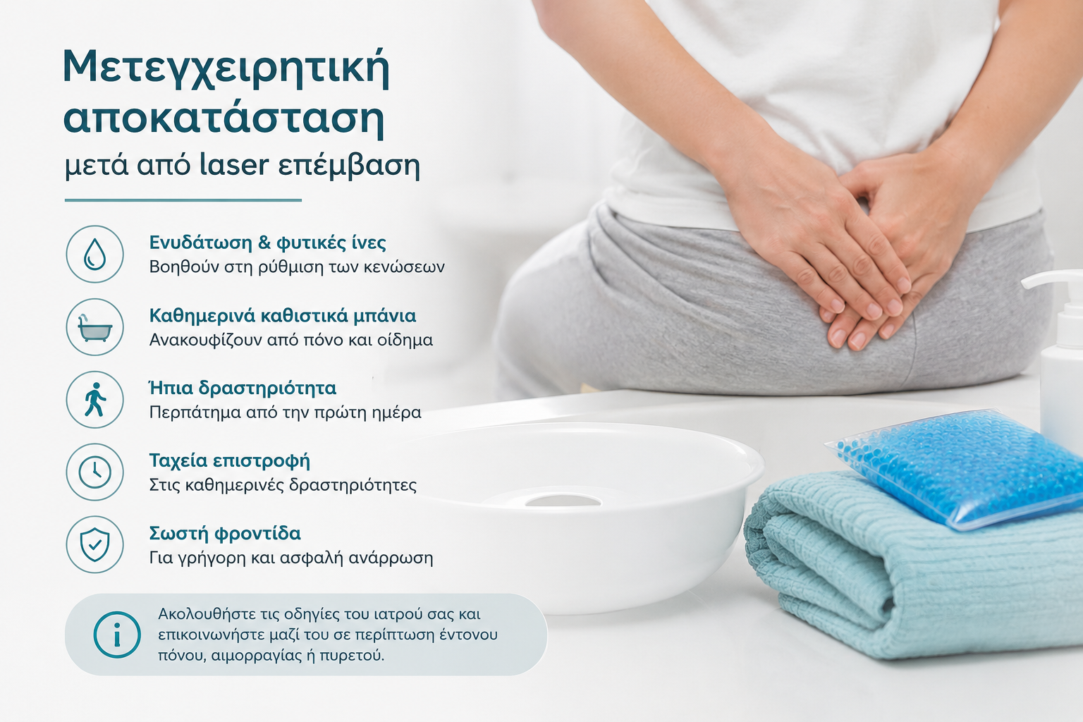 Infographic με οδηγίες για τη μετεγχειρητική αποκατάσταση μετά από laser πρωκτολογική επέμβαση.
