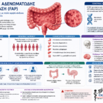 Infographic για την Οικογενή Αδενωματώδη Πολυποδίαση (FAP), τον κίνδυνο καρκίνου και τη χειρουργική αντιμετώπιση