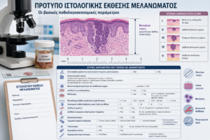 Πρότυπη ιστολογική έκθεση μελανώματος με τις βασικές παθολογοανατομικές παραμέτρους και δείκτες πρόγνωσης.