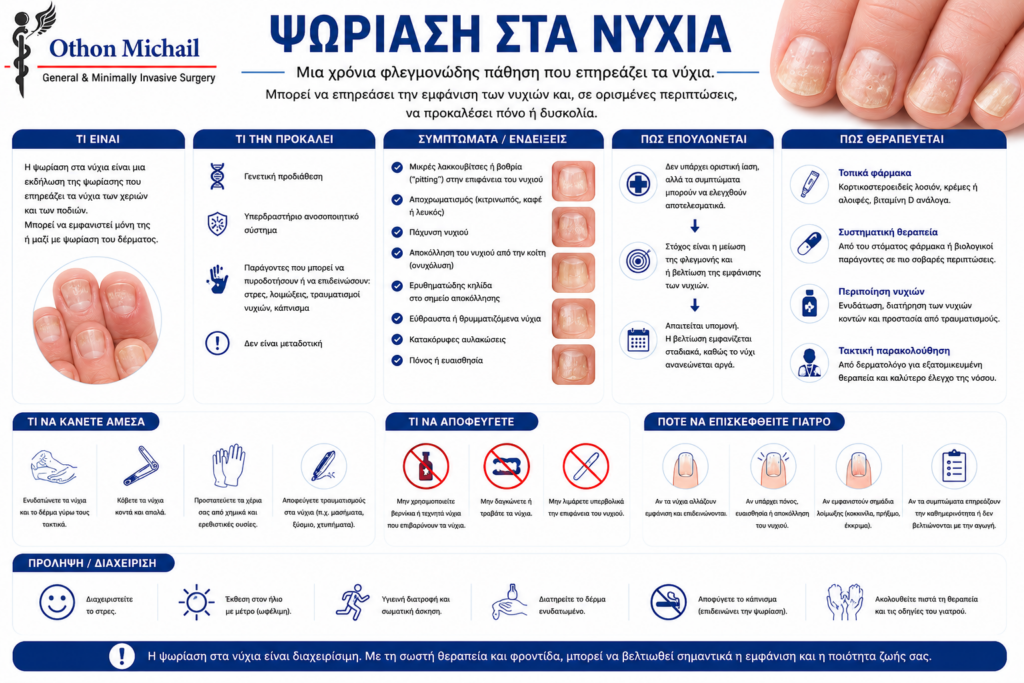 Ιατρικό infographic για την ψωρίαση στα νύχια με τα χαρακτηριστικά συμπτώματα και τη θεραπεία.