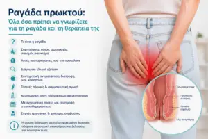 Ιατρικό γράφημα για τη ραγάδα πρωκτού με πληροφορίες σχετικά με τα συμπτώματα, τη διάγνωση και τις διαθέσιμες θεραπευτικές επιλογές από τον Dr. Όθων Μιχαήλ.