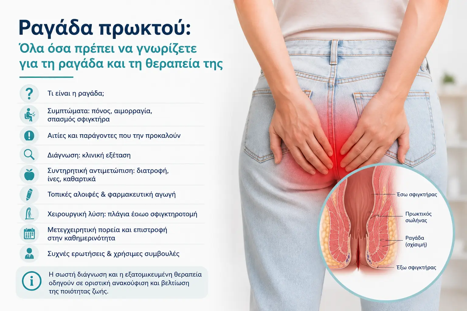 Ιατρικό γράφημα για τη ραγάδα πρωκτού με πληροφορίες σχετικά με τα συμπτώματα, τη διάγνωση και τις διαθέσιμες θεραπευτικές επιλογές από τον Dr. Όθων Μιχαήλ.