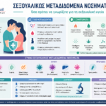 Σεξουαλικώς μεταδιδόμενα νοσήματα (ΣΜΝ) infographic με συμπτώματα, μετάδοση, πρόληψη και θεραπεία