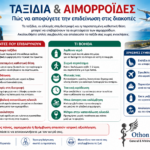 Ταξίδια και Αιμορροΐδες: Πώς να Αποφύγετε την Επιδείνωση Ιατρικό infographic για τα ταξίδια και τις αιμορροΐδες με συμβουλές πρόληψης κατά τη διάρκεια των διακοπών.