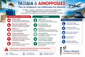 Ιατρικό infographic για τα ταξίδια και τις αιμορροΐδες με συμβουλές πρόληψης κατά τη διάρκεια των διακοπών.