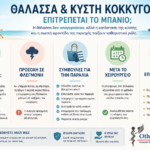 Infographic για τη θάλασσα και την κύστη κόκκυγος με συμβουλές για το μπάνιο, τη φλεγμονή και τη μετεγχειρητική περίοδο.