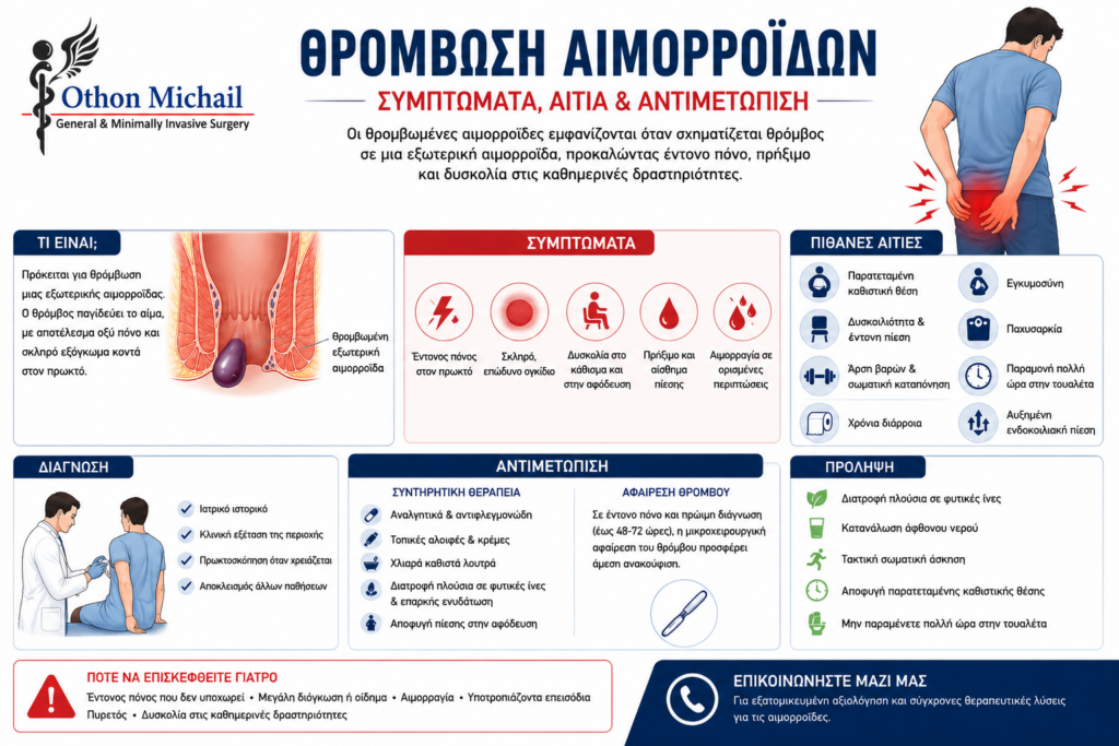 Infographic για τη θρόμβωση αιμορροΐδων με συμπτώματα, αίτια και σύγχρονη αντιμετώπιση.