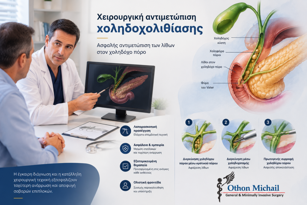Ιατρός εξηγεί σε ασθενή τη χειρουργική αντιμετώπιση της χοληδοχολιθίασης και την παρουσία λίθων στον χοληδόχο πόρο.