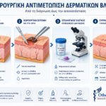 Βιοψία των μελαχρωστικών αλλοιώσεων του δέρματος Ιατρικό infographic που παρουσιάζει τα στάδια της χειρουργικής αντιμετώπισης δερματικών βλαβών, από τη διάγνωση έως την ιστολογική εξέταση και την αποκατάσταση.
