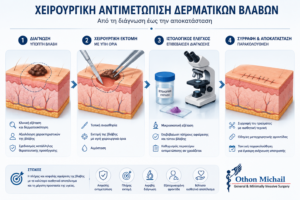 Ιατρικό infographic που παρουσιάζει τα στάδια της χειρουργικής αντιμετώπισης δερματικών βλαβών, από τη διάγνωση έως την ιστολογική εξέταση και την αποκατάσταση.