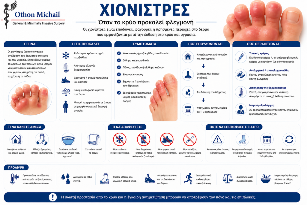 Ιατρικό infographic για τις χιονίστρες στα πόδια, τα συμπτώματα και την αντιμετώπισή τους.