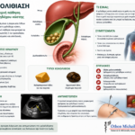 ΧΟΛΟΛΙΘΙΑΣΗ Ιατρικό infographic για τη χολολιθίαση με συμπτώματα, επιπλοκές και θεραπεία