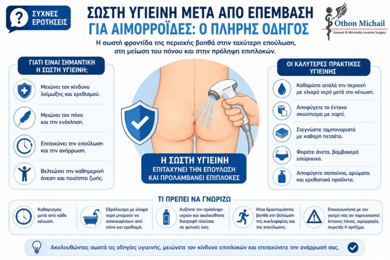 Infographic με οδηγίες για τη σωστή υγιεινή μετά από επέμβαση για αιμορροΐδες, με συμβουλές καθαρισμού, φροντίδας της περιοχής και πρόληψης επιπλοκών.
